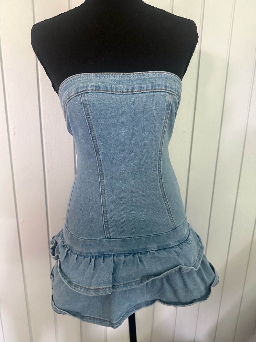 Strapless Light Blue Denim Mini Dress - Women Jeans